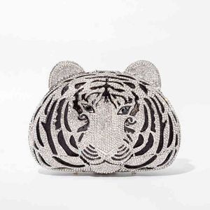 Вечерняя сумка три D Tiger Head Crystal Clutch Sack для свадебной вечеринки металлический варенье кошелек и роскошный дизайнер роскошного дизайнера 220622
