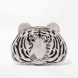 Borsa da sera Pochette in cristallo con testa di tigre a tre d per la festa nuziale Borsa con strass in metallo Novità e borsetta Designer di lusso 220622