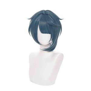 Xingqiu Cosplay Wig Game Genshin 영향 Xing Qiu 의상 진한 파란색 짧은 내열 합성 헤어 가발 무료 가발 캡 Y220512