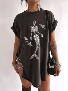 Kadın Tshirt Denizkızı Kafatası Baskı Vintage Kadınlar Yan Slit Yaz Komik 90'lar Kadın Damla Omuz Kısa Kollu Ee S Ops 230206