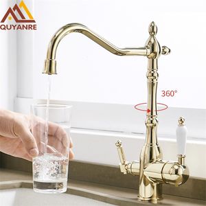 Quyanre Gold Kitchen Faucets Mixer Drinking Water Filtered Kitchen Tap 360 Rotation Mixer Tap Purification Kitchen Crane Tap T200810