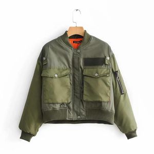 Women's Jackets The Army Green Cropped Bomber Jacket Women Stand Collar Oversized Zippered Cardigan Cotton Coat