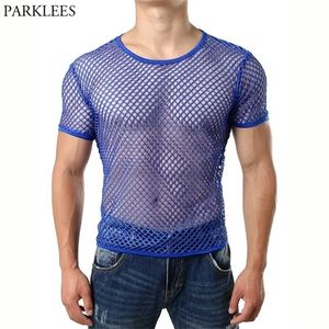 Sexy Blue Fishnet See Through T Shirt Men Short Sleeve Elastic Transparent Mesh Tshirts Mens Hip Hop Muscle Undershirts Top Tees 220527