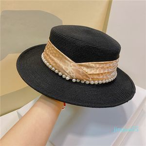 Bärbar Lady Grass Braid Caps Pearls String Kvinnor Hattar Tryckt Ribbon Women UV Cap