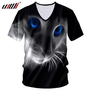 UJWI Tshirt Deep V Neck Man Short Sleeve D Printing A cat with blue eyes lovely Big Size Costume Homme Summer Tee Shirt
