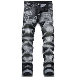 Retro Blue Men's Print Jeans Spring Autumn Fashion Casual Cotton Trousers Fashion Slim Fit Denim Pants Skinny Pantalones