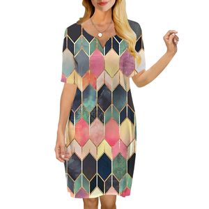 Women Dress Geometric Mönster 3D Tryckt Vneck Loose Casual Short Sleeve Shift Dress for Female Dresses 220616