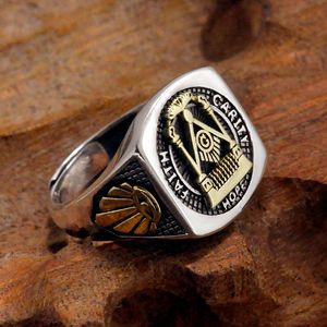 925 Sterling Silver Masonic Faith Ring Domineering Retro Thai Silveröppning Justerbar personlighet Tidvattnet Män smycken