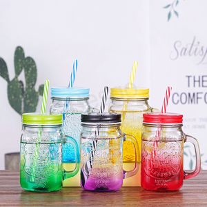 Glass Water Cup Mason Jar With Straw Cold Drink Cola Milk Cups Bar Party Red Wine Cocktail Bottle Transparent Drinkware Cup BH6381 WLY