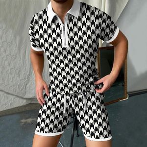 Мужские спортивные костюмы мужской костюм 3D Houndstooth Print Summer Contraped рубашка с длинным рукавом мода zip два куска Tracksuitsmen's