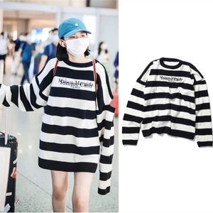 Women Knits Tees autumn winter black and white striped printed Knitwear loose casual letter embroidery pullover sweater color matching knitting shirt
