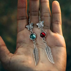 Dangle & Chandelier Trend Butterflies Feather Metal Drop Earrings Asymmetrical Jewelry Antique Silver Color Red Blue Stone Long EarringsDang