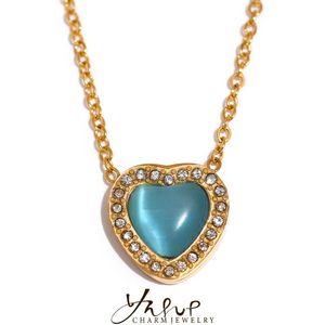 Hänge halsband yhpup blå opal sten hjärthalsband rostfritt stål utsökt charm justerbar kedja mode chic smycken för womenpendan