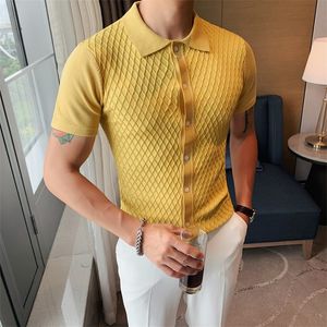 British Style Fashion Grid Knitted Polo Men Clothing Simple Turn Down Collar Slim Fit Casual Tee Shirt Homme Short Sleeve 220418