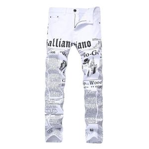 Jeans impressos de moda letras inglesas alongarem homens casuais slim calças 28-40