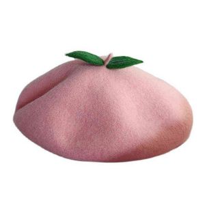 Handgjorda rosa persika frukt kvinnor flickor franska basker höst vinter mode gröna blad ull kände söta basker j220722