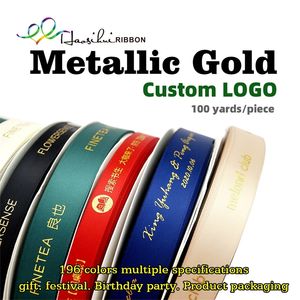 HAOSIHUI 10mm32mm Custom Stamping Foil Printed Satin Polyester Ribbon for Gift Wrapping and Packaging 100 yardlot 220608