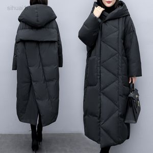 Qingwen Winter Women Nowa moda Plus Size koreańska luźna luźna X-Long Black Grustening Down Down Kurtka Kobieta Parka L220725