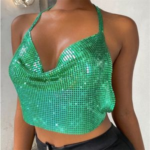 Sruby Sexy Party Crop Top Sequined Halter Women Summer Beach Club Backless See Through Ladies s 220325