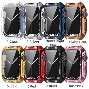 Rhombic Diamond PC -fodral för Apple Watch 7 S7 Plating Smart Watch Cover Armor Iwatch 7 45mm 41mm med härdat glasskärmskyddsföretag Bumper Frame Cases 8 Färger