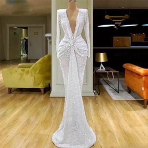 Sexy White Mermaid Evening Dresses Deep V Neck Beads Long Sleeve Sequined Prom Party Dresses Ruched Waist robe de soiree