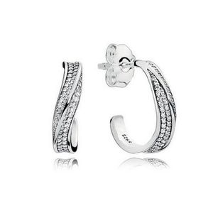 Sparkling CZ diamond pave Wave Stud Earrings Womens Wedding Gift with Original box set for Pandora 925 Sterling Silver hoop Earrings