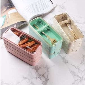 Lunch Box 3 Grid Wheat Straw Bento Transparent Lid Food Container For Work Travel Portable Student Lunch Boxes Containers Tableware