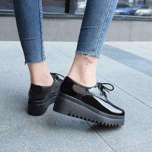 Dress Shoes Lace-Up Platform Women's Oxford Black Patent Leather Casual Cutout Brogues Wedges ShoesDress