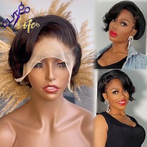 Short Pixie Cut Lace Frontal Wig Natutral Black Wavy Bob Wig Human Hair Wigs For Women Remy Pre Plucked Glueless