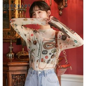 CHEERTART Autumn Sleeve Mesh Top Women Graphic T Shirt Print Tshirt Vintage Ladies Top Aesthetic Tee Shirt Femme 210311