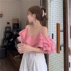 New design women's spaghetti strap slash neck off shoulder short sleeve chiffon ruffles blouse shirt