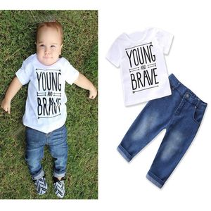 Zestawy odzieży 2PCS/1-6Years/Spring Summer Toddler Boy White Short Sleeve T-shirt dżinsy dla dzieci
