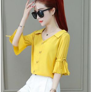 Kadın Bluzlar Gömlek Kadın Bahar Yaz Tarzı Turn-down Yaka Kısa Flare Sleeve Blusas Sarı Mavi Beyaz DD2630 Tops