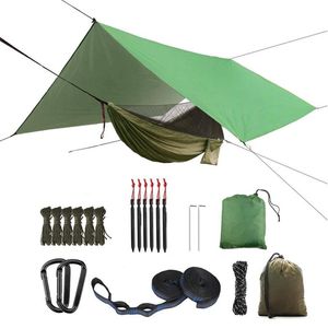 バグネットとレインフライのタープ118x118inポータブル防水UV保護テント付きキャンプ家具キャンプハンモック屋内屋外キャンプ用