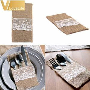 50PCS BURLAP LACE CUTLERY POWH WEDDING DECORATION Tablewareヘシアン素朴なジュートテーブルデコレーションクリスマス装飾