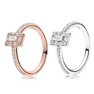 NEW Sparkling Square Halo Ring Rose gold 925 Sterling Silver logo Clear CZ Women Wedding Jewelry Original box set for pandora rings