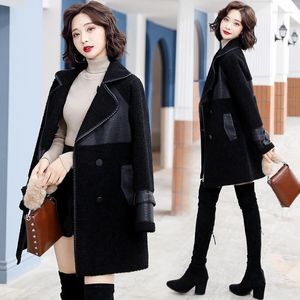 Women's Wool & Blends Leather Jacket Fashion Autumn Winter Two-sided Fur Lamb Hair Mid-length Black Temperament Casual Coat Female Phyl22