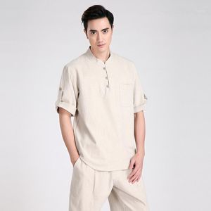 Moda de verão Tradição bege de linho de algodão masculino chinês Camisa de manga curta Tang Tang M L XL XXL XXXL 2606 Camisas casuais