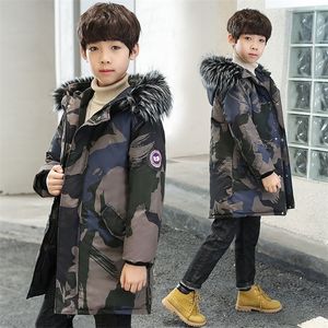 Jaqueta de inverno infantil camuflagem de colarinho de pele grande -30 graus de roupas infantis garoto quente casaco de algodão com capuz LJ201203