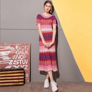 506 2022 Summer Kint Manga curta Crew Neck Brand Mesmo estilo suéter listrado vestido longo roupas femininas chorando