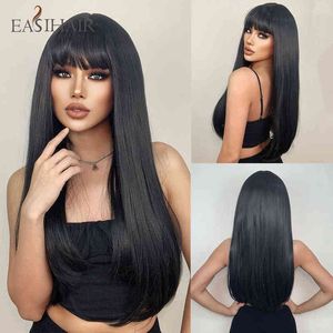 EASIHAIR Long Straight Black Synthetic Wigs with Bangs Natural Hair for African American Cosplay Heat Resistant 220525