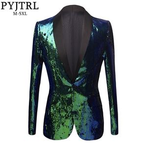 PYJTRL Herren Schal Revers Glänzend Grün Blau Pailletten Blazer DJ Nachtclub Slim Fit Anzug Jacke Bühne Sänger Kostüm Prom kleid 201104