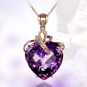 Lady Elegant Love Heart Facetted Amethyst Diamond Pendant Rose Gold Plated Halsband Europeiska och amerikanska stil Kvinnor Bröllopsfest smycken Girls Gift