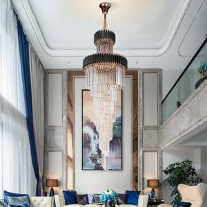 Lâmpadas pendentes de lustre de cristal grande luminárias redondas Lâmpadas LEDs Base de luzes de teto preto/dourado para escada do lobby da villa decoração da sala de estar