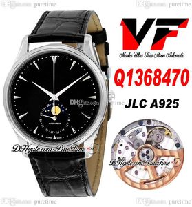 VF V3 Master Ultra Thin Moon Q1368470 JLC A925 Automatic Mens Watch Steel Case Black Dial Silver Stick Markers Leather Strap Corre2738