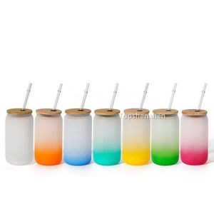 moq 60pcs 16oz rånar sublimering blanks burk breda mun glas koppar tumbler burkar öl kaffe muggar vattenflaska frostat gradient färgglasögon koppar med bambu lock sugrör