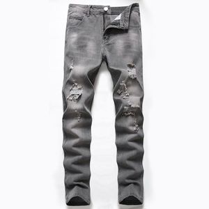 Mens Jeans Bomull Rippade byxor Gray Hip Hop Trousers Cowboy For Men Straight Ben Pencil 2022 Kläder