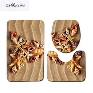 3 pcs Beach Shells Ocean Bath Mats Anti Slip Bathroom Mat Set Tapete Banheiro Washable Toilet Rugs Alfombra Bano 200923