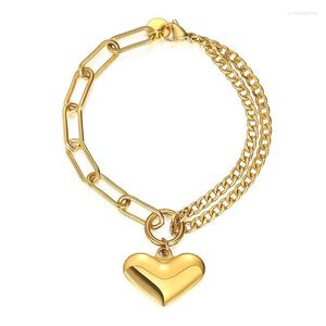 Chunky Heart Love Charm Armband för kvinnor Rostfritt stål Curb Cuban PaperClip Link Chain Double Layered Fashion Jewelry DB316
