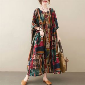 Short Sleeve Cotton Linen Vintage Print Summer Long Dresses For Women Casual Loose Holiday Ladies Dress Elegant Clothes 220613